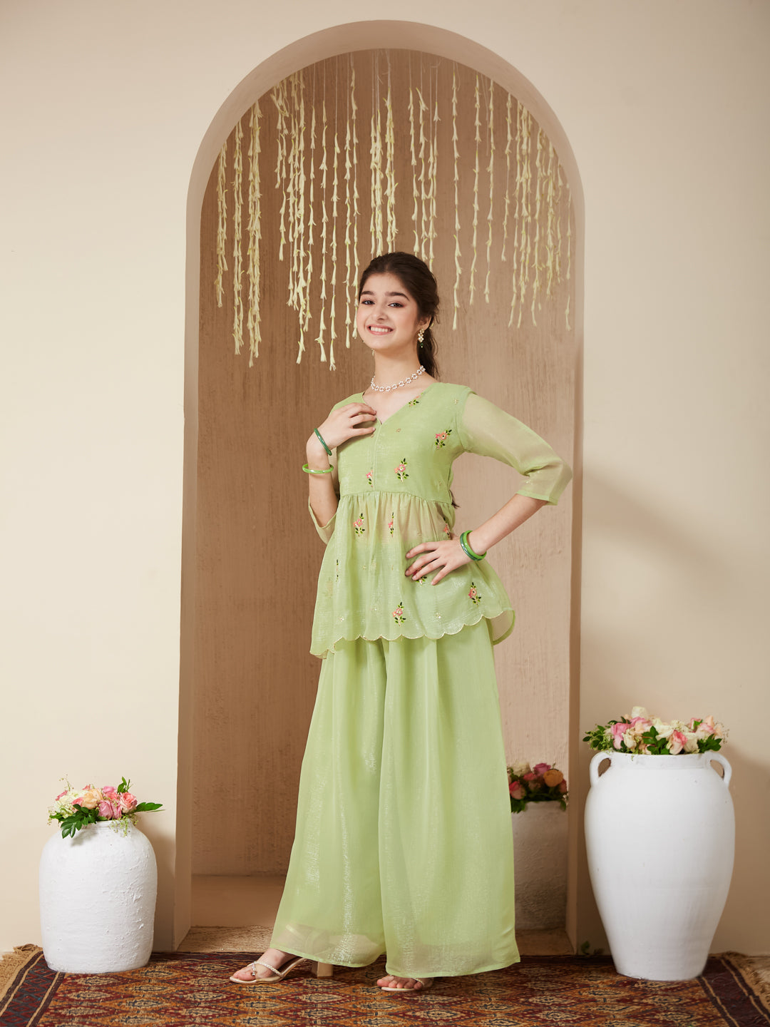 Light Green Polyester Embroidered Peplum & Palazzo Set for Girls