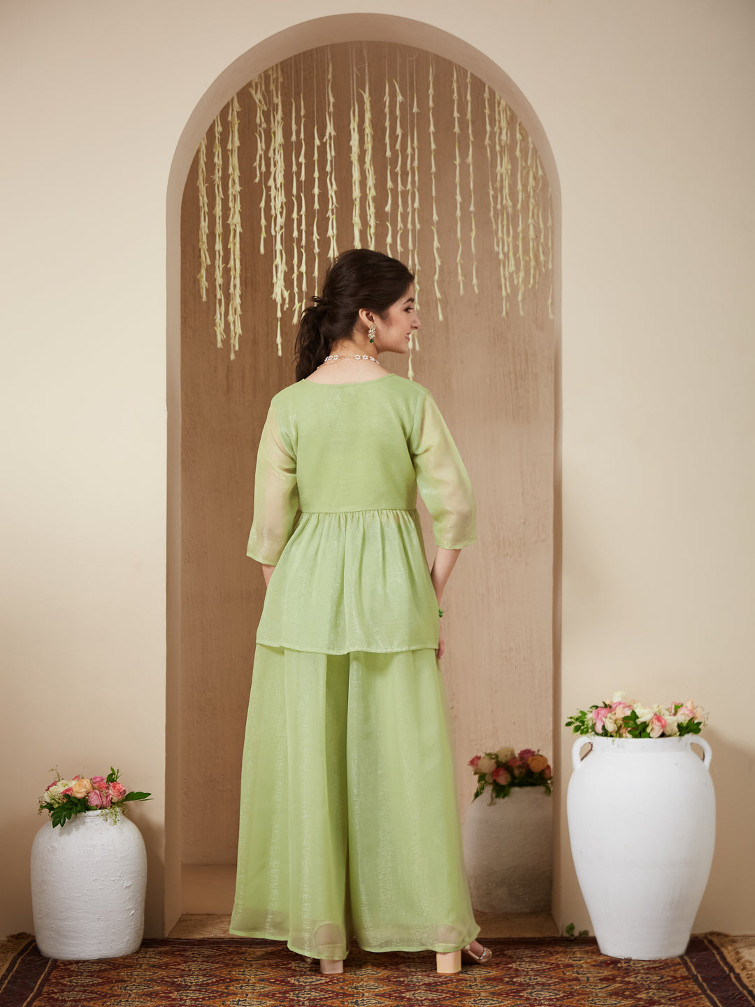 Light Green Polyester Embroidered Peplum & Palazzo Set for Girls
