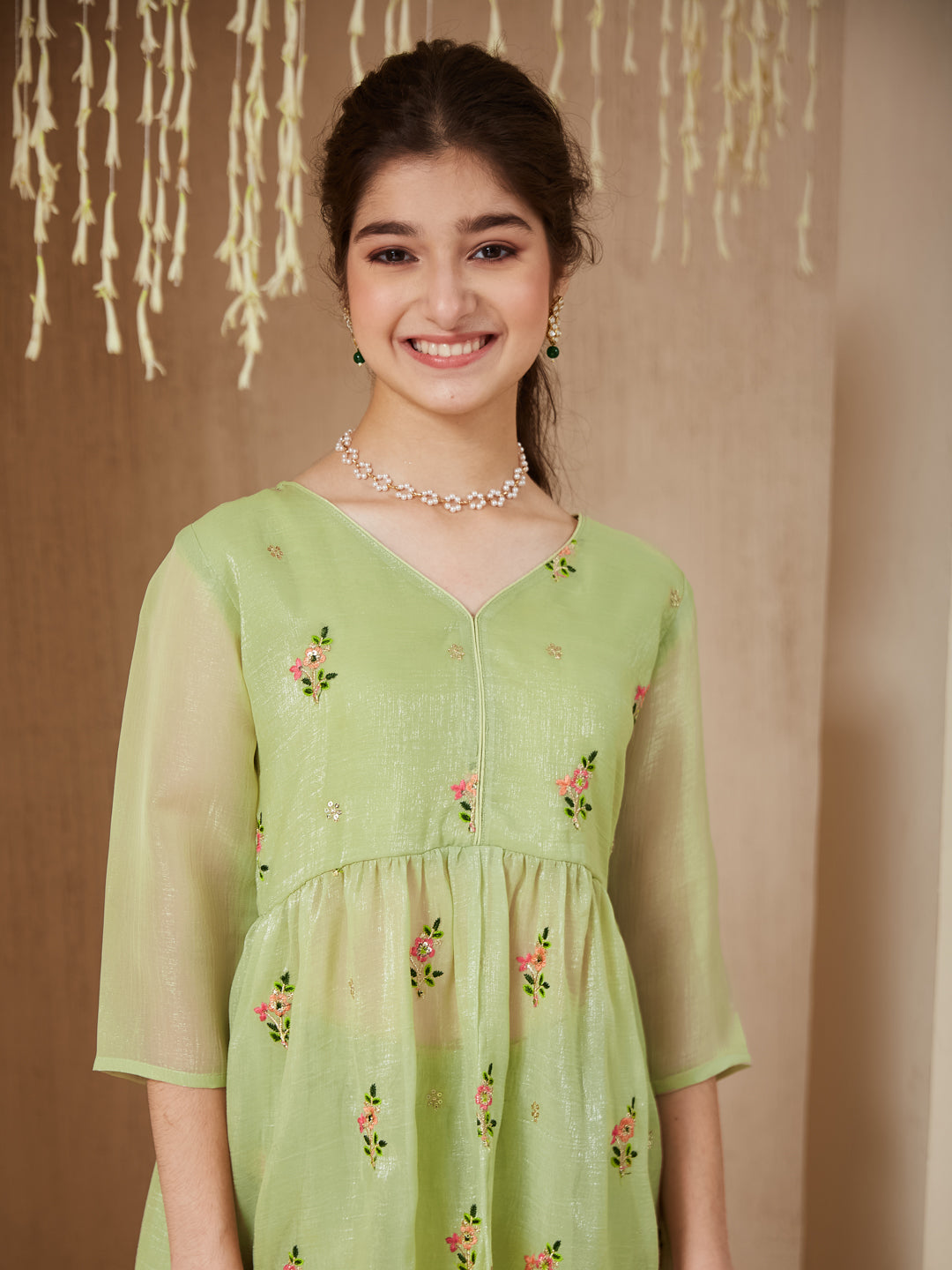 Light Green Polyester Embroidered Peplum & Palazzo Set for Girls