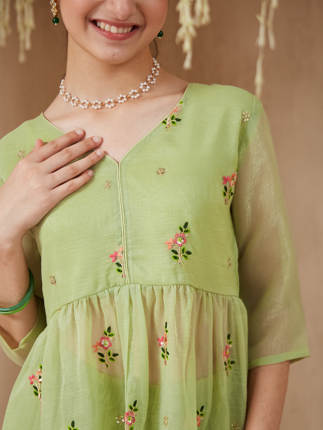 Light Green Polyester Embroidered Peplum & Palazzo Set for Girls