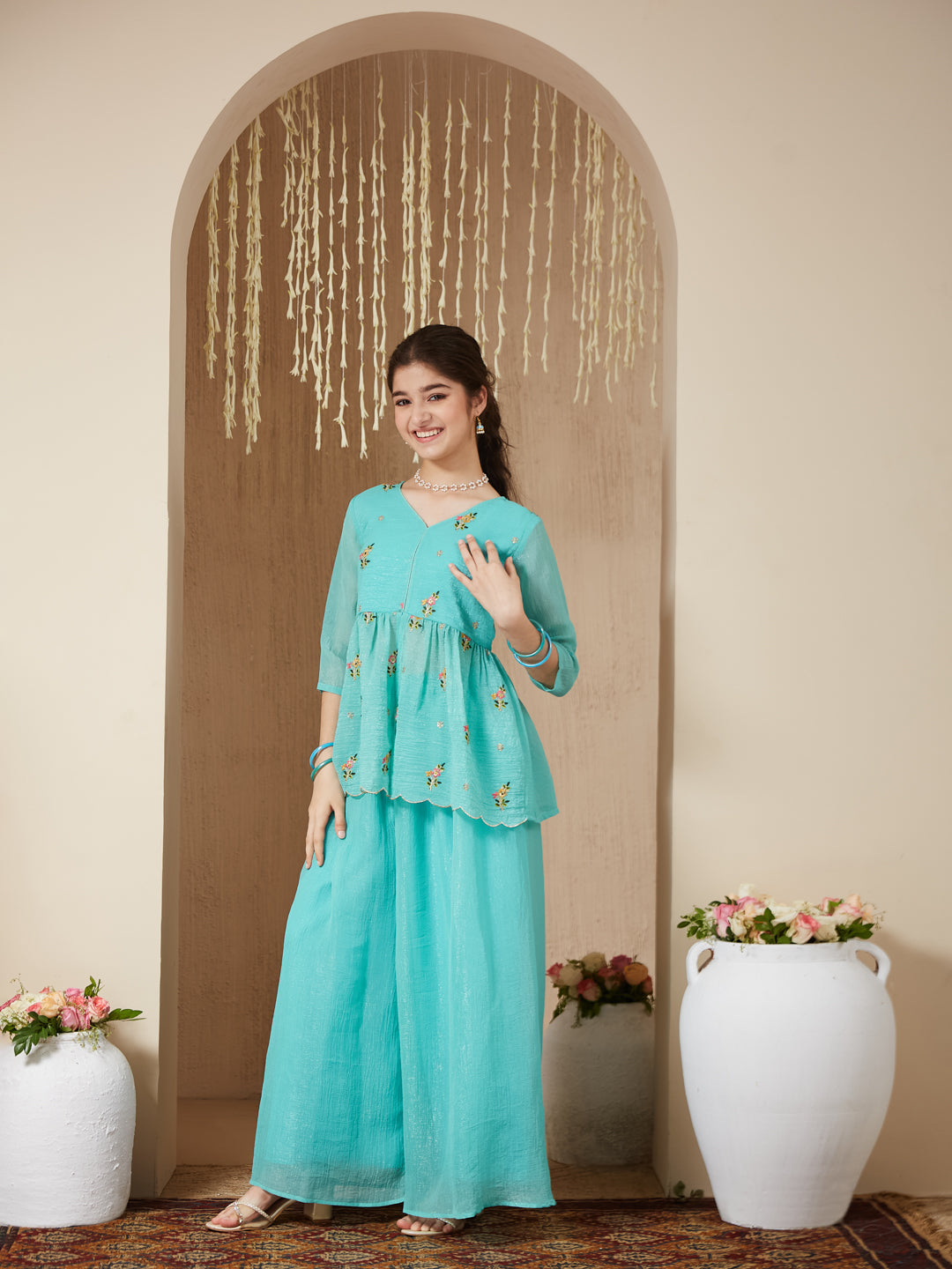 Sky Blue Polyester Embroidered Peplum & Palazzo Set for Girls