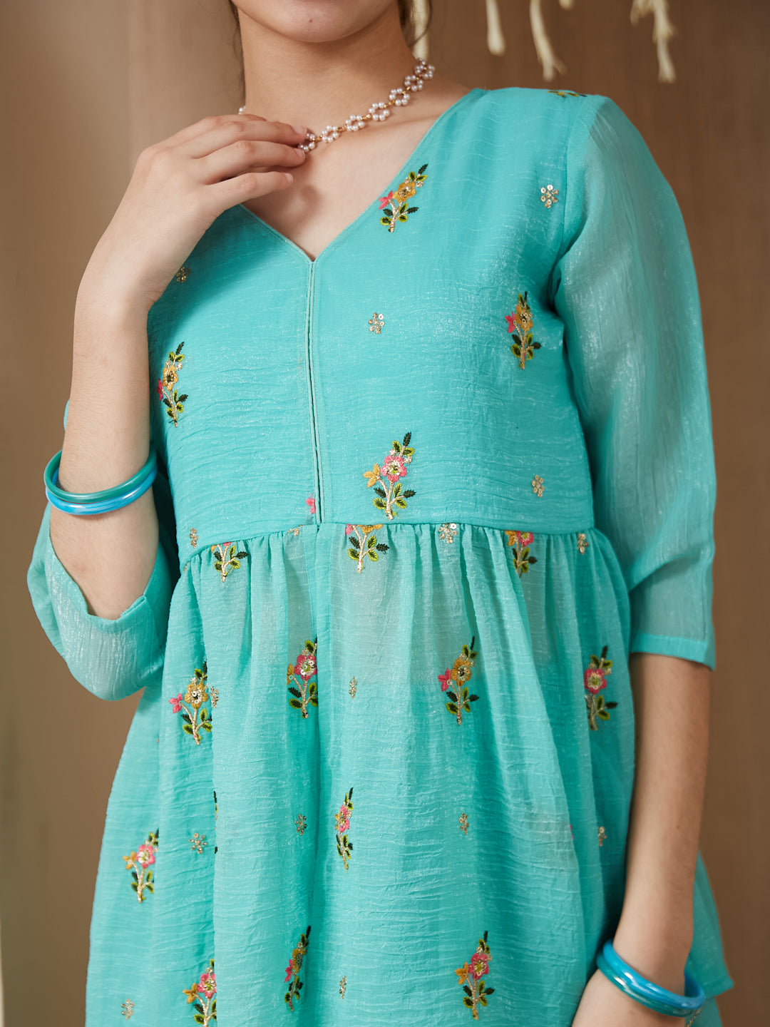 Sky Blue Polyester Embroidered Peplum & Palazzo Set for Girls