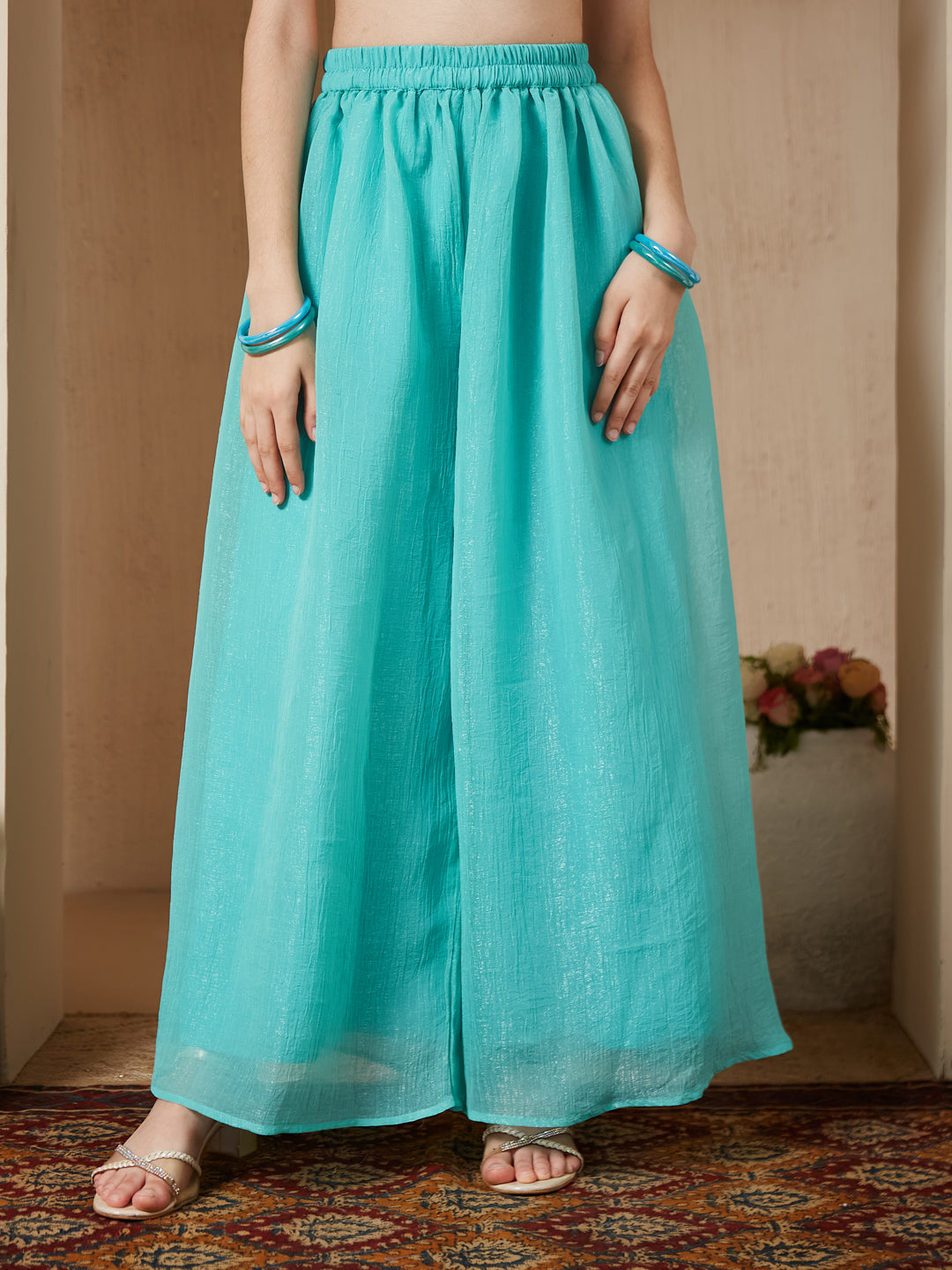 Sky Blue Polyester Embroidered Peplum & Palazzo Set for Girls