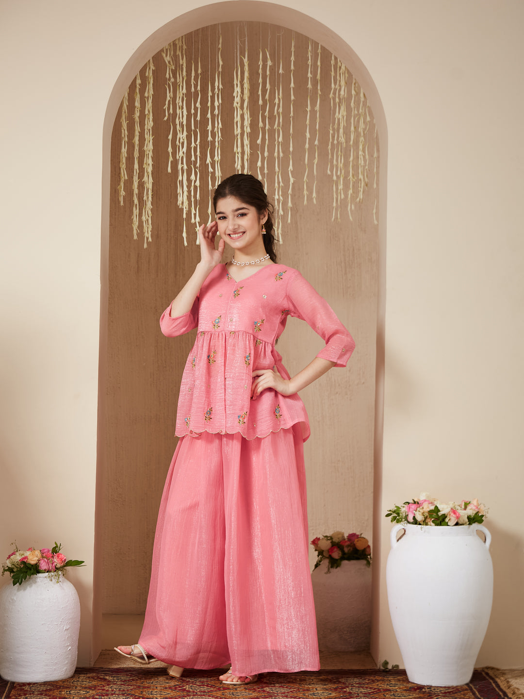 Baby Pink Polyester Embroidered Peplum & Palazzo Set for Girls