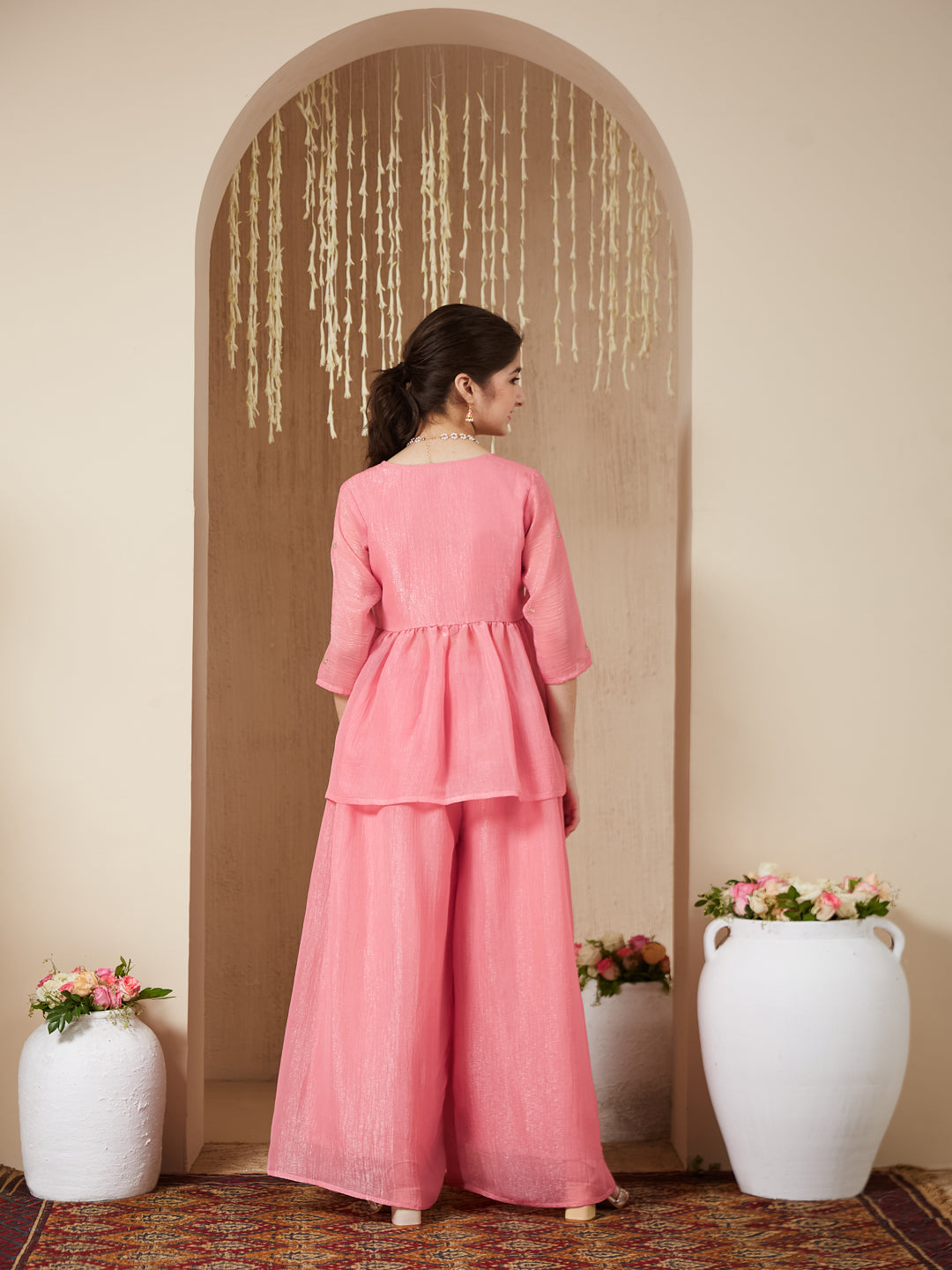 Baby Pink Polyester Embroidered Peplum & Palazzo Set for Girls