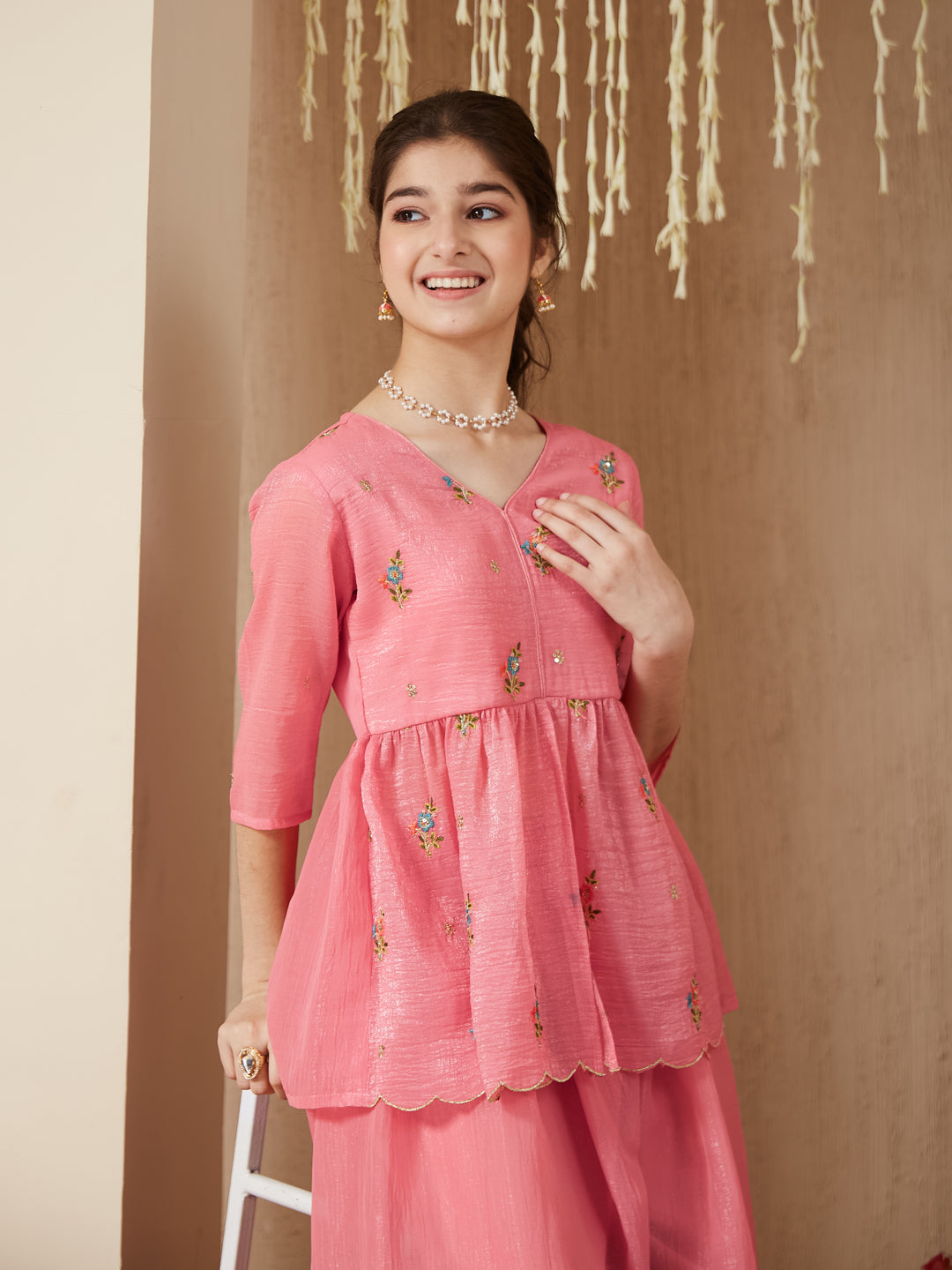 Baby Pink Polyester Embroidered Peplum & Palazzo Set for Girls