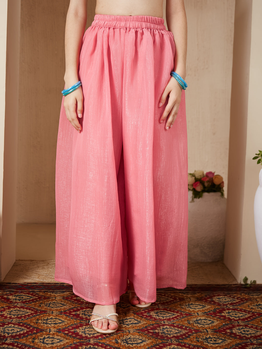 Baby Pink Polyester Embroidered Peplum & Palazzo Set for Girls