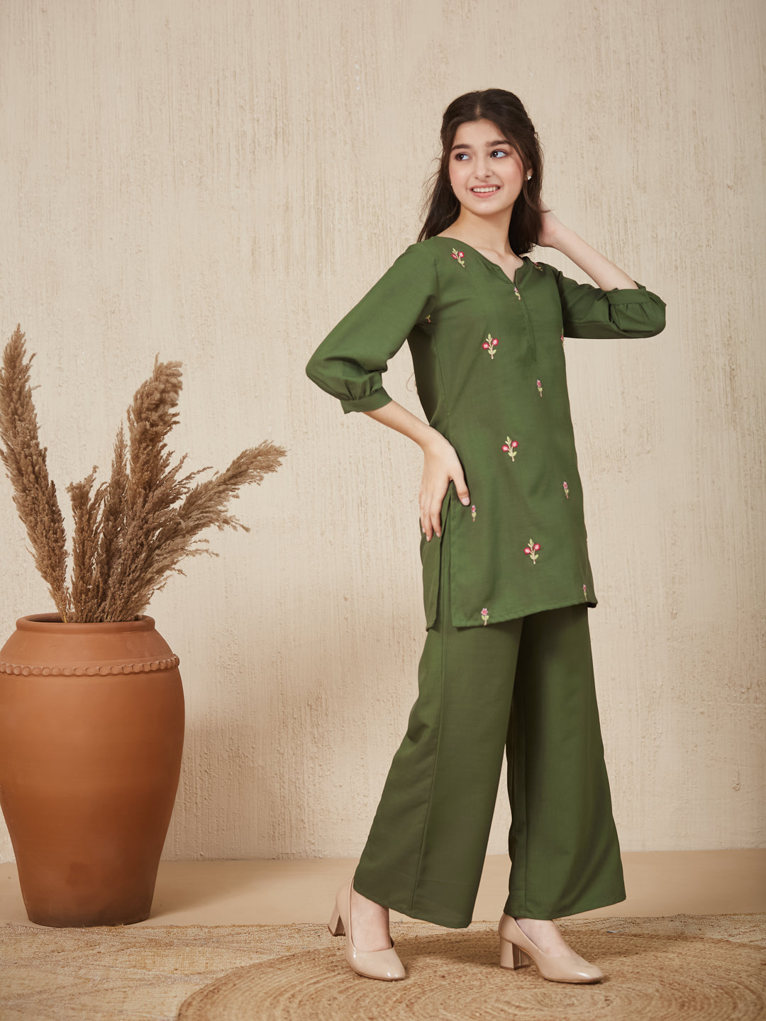 Olive Green Embroidered Kurta & pant For Girls