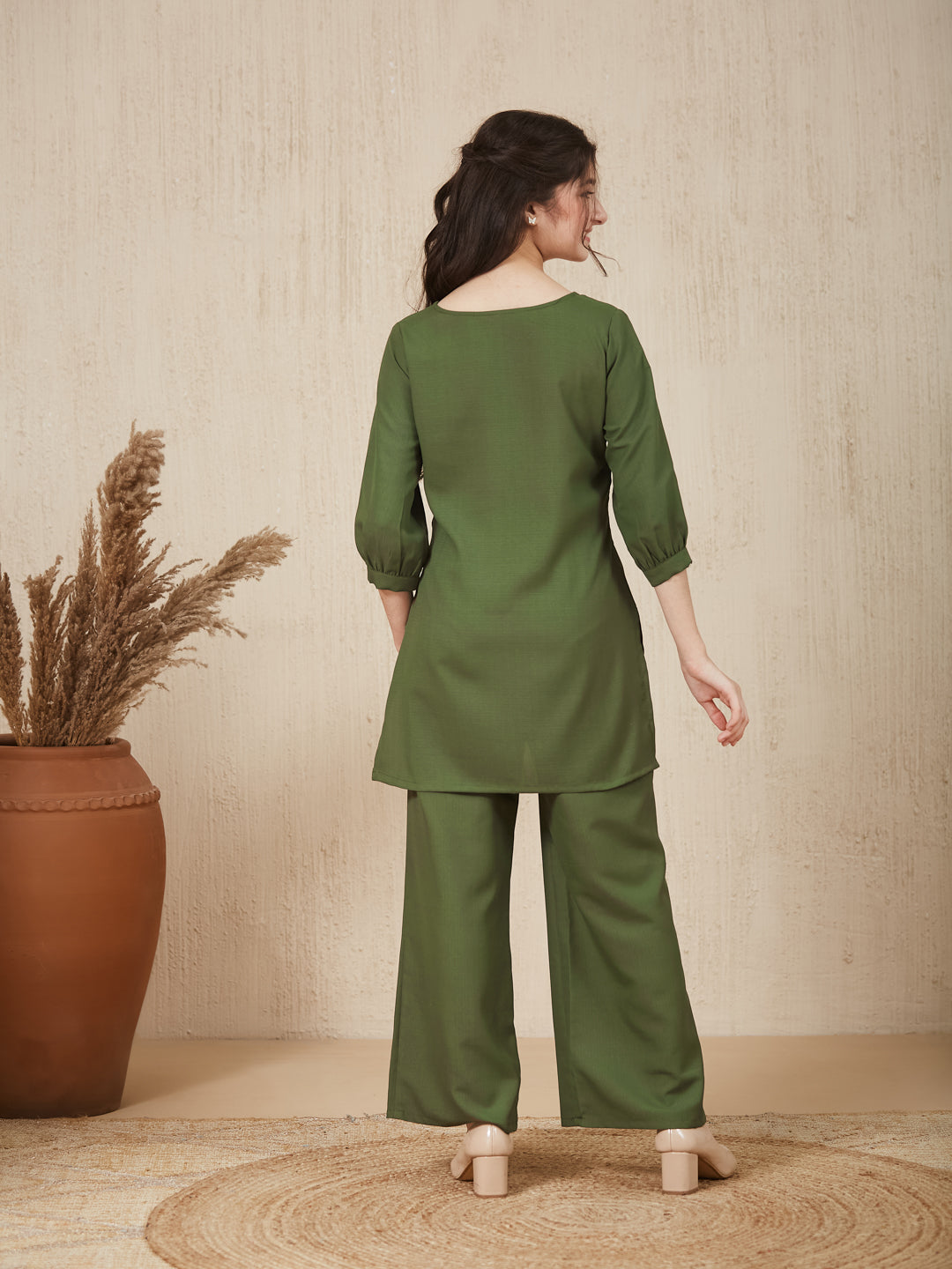 Olive Green Embroidered Kurta & pant For Girls
