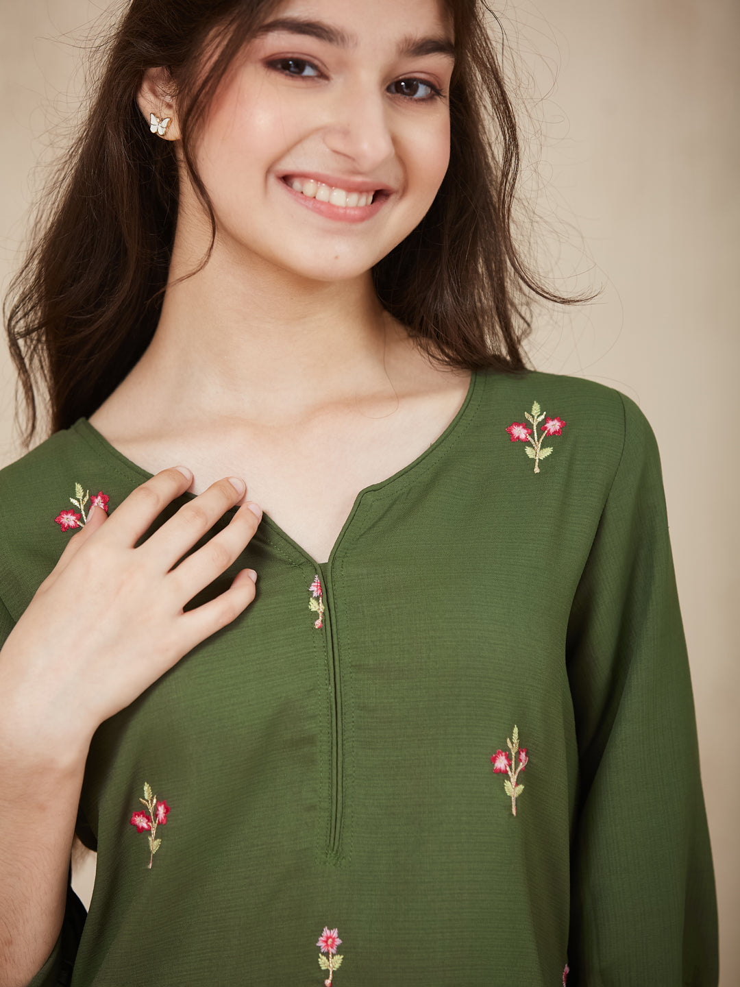 Olive Green Embroidered Kurta & pant For Girls