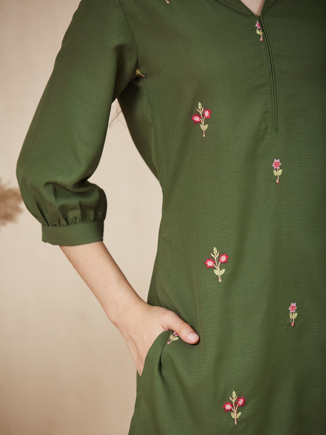 Olive Green Embroidered Kurta & pant For Girls