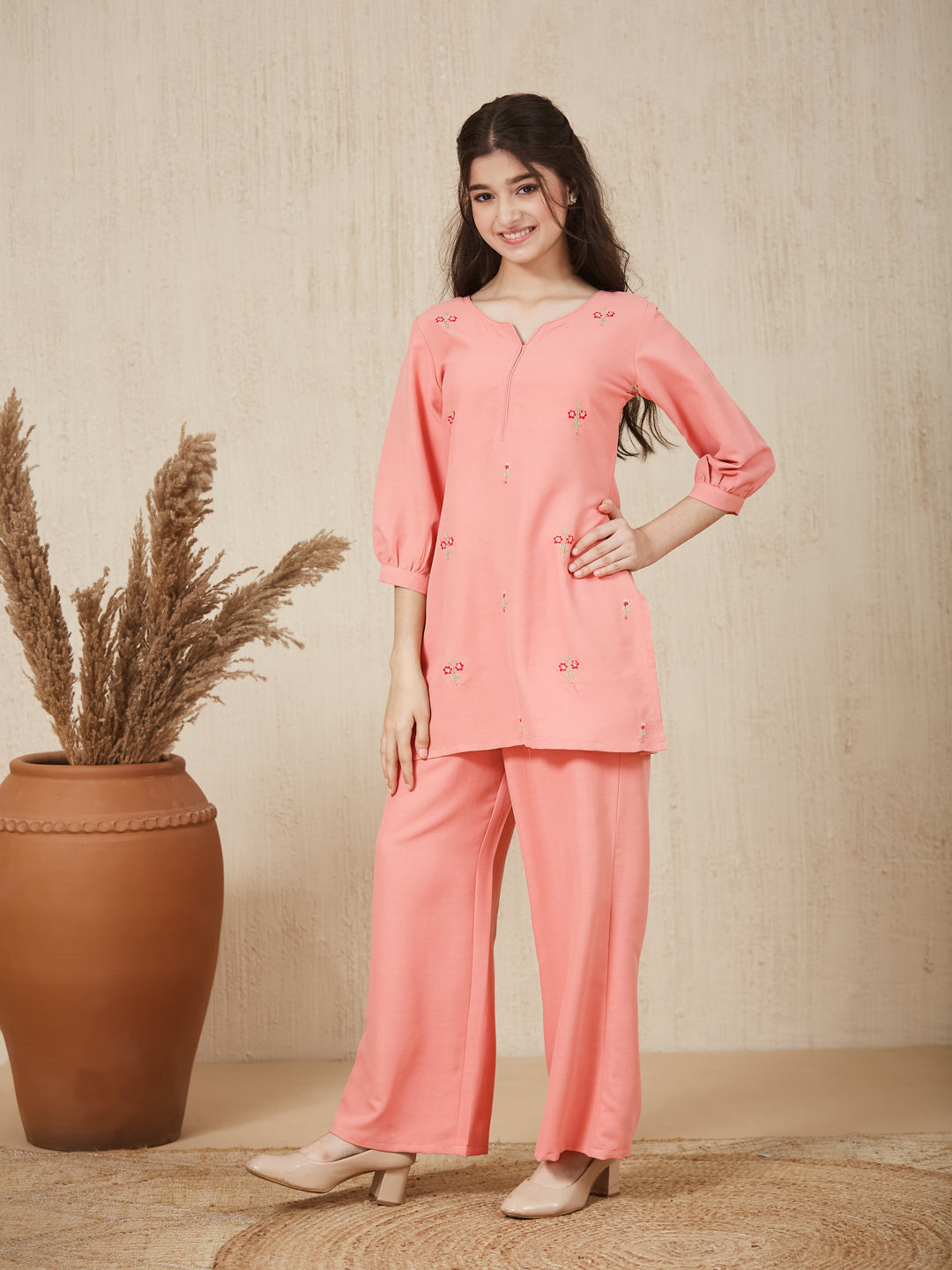 Pink Embroidered Kurta & pant For Girls