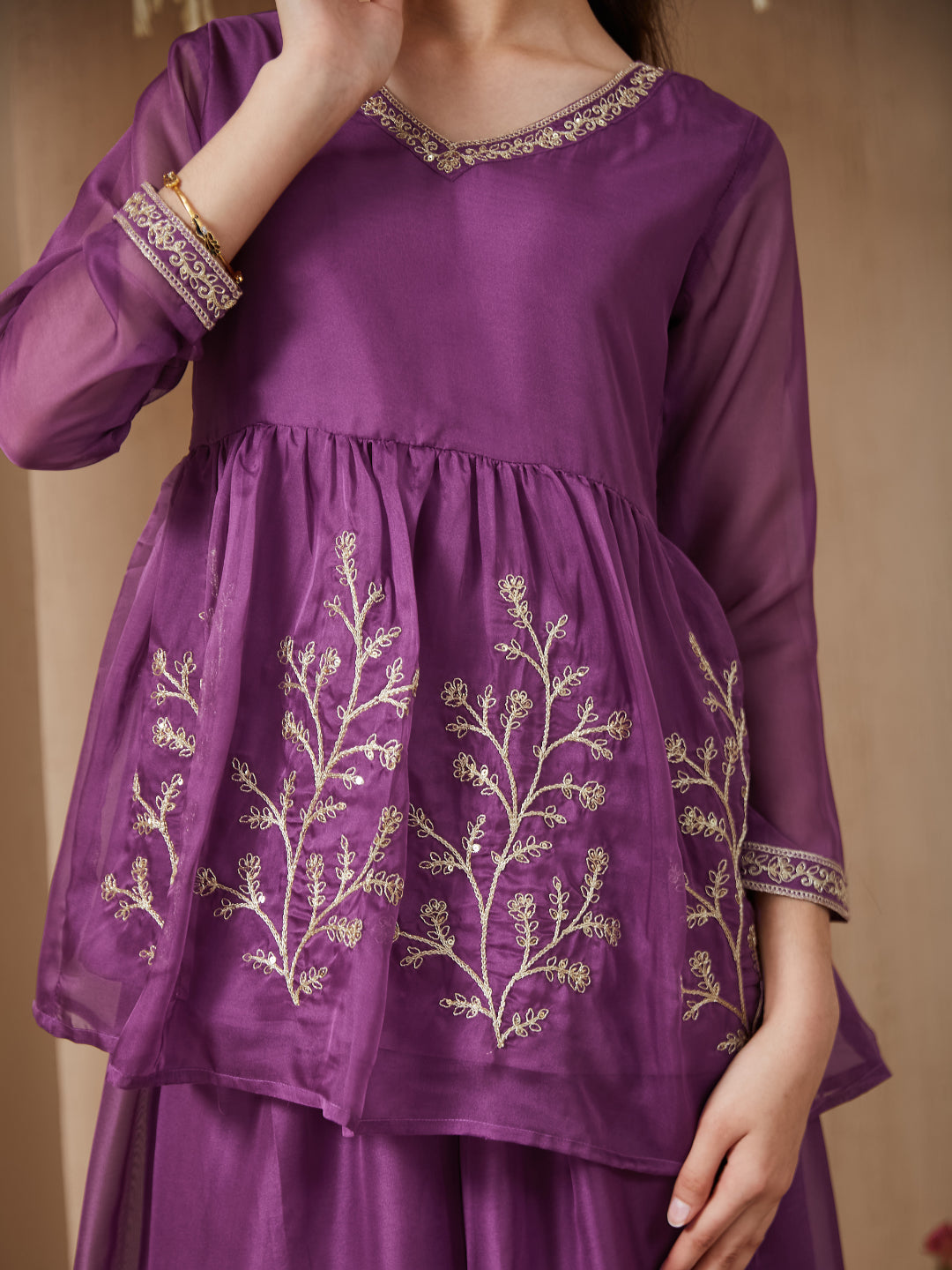 Purple Organza Embroidered Kurta Plazzo & Dupatta Set for Girls