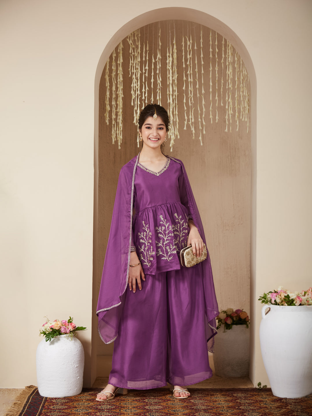 Purple Organza Embroidered Kurta Plazzo & Dupatta Set for Girls