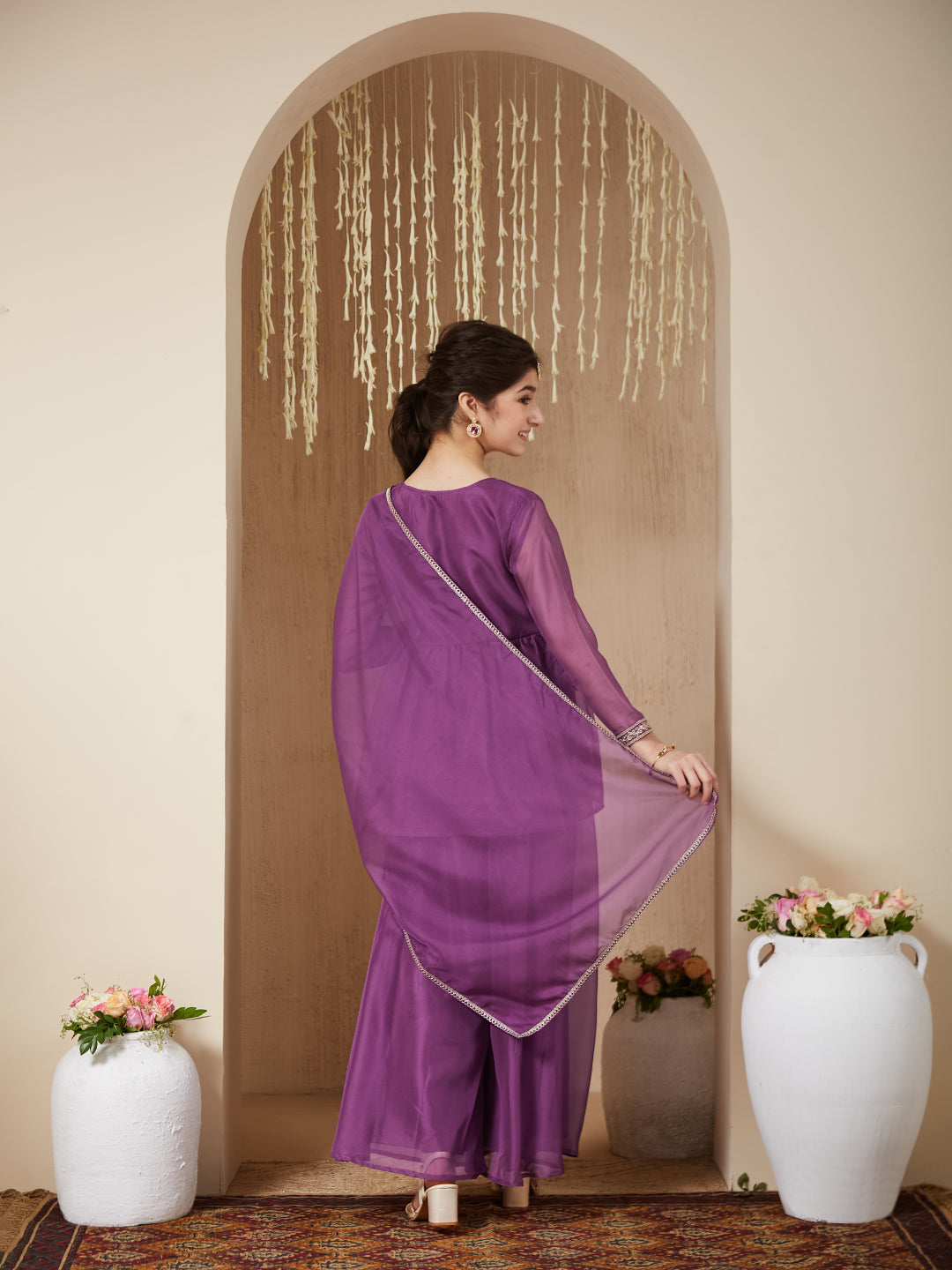 Purple Organza Embroidered Kurta Plazzo & Dupatta Set for Girls