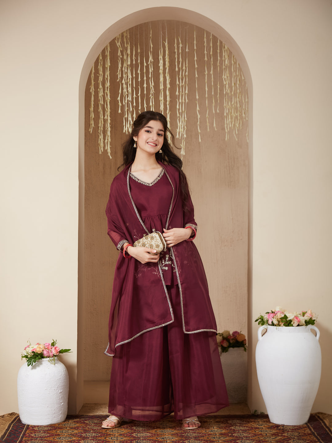 Maroon Organza Embroidered Kurta Plazzo & Dupatta Set for Girls