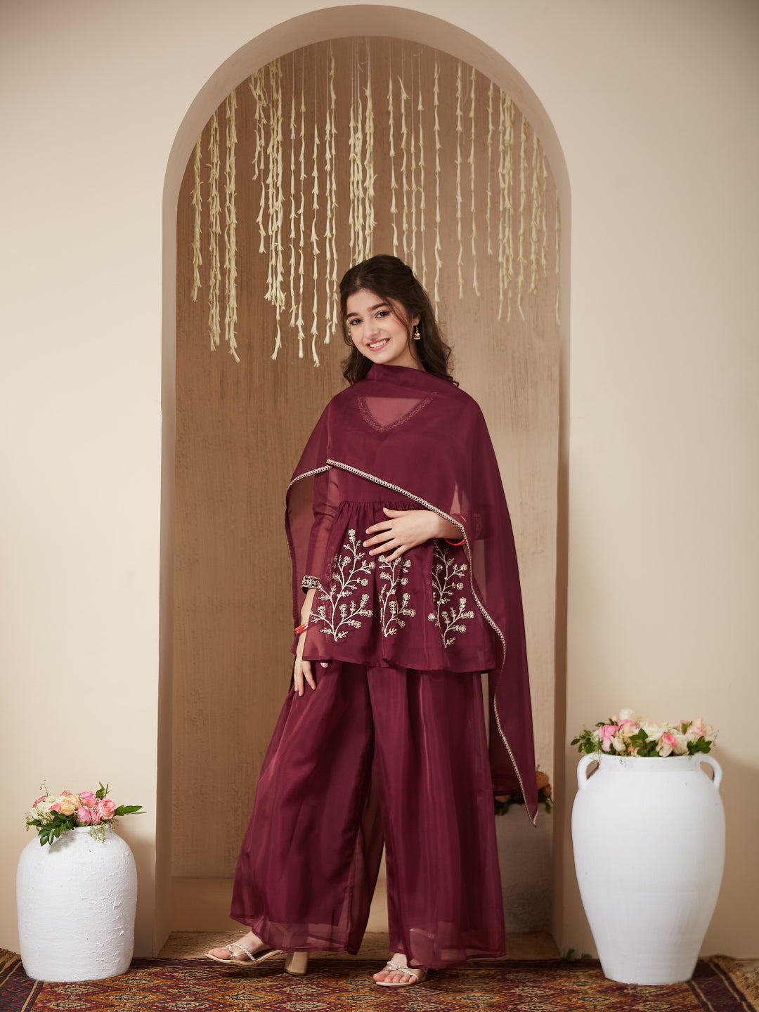 Maroon Organza Embroidered Kurta Plazzo & Dupatta Set for Girls