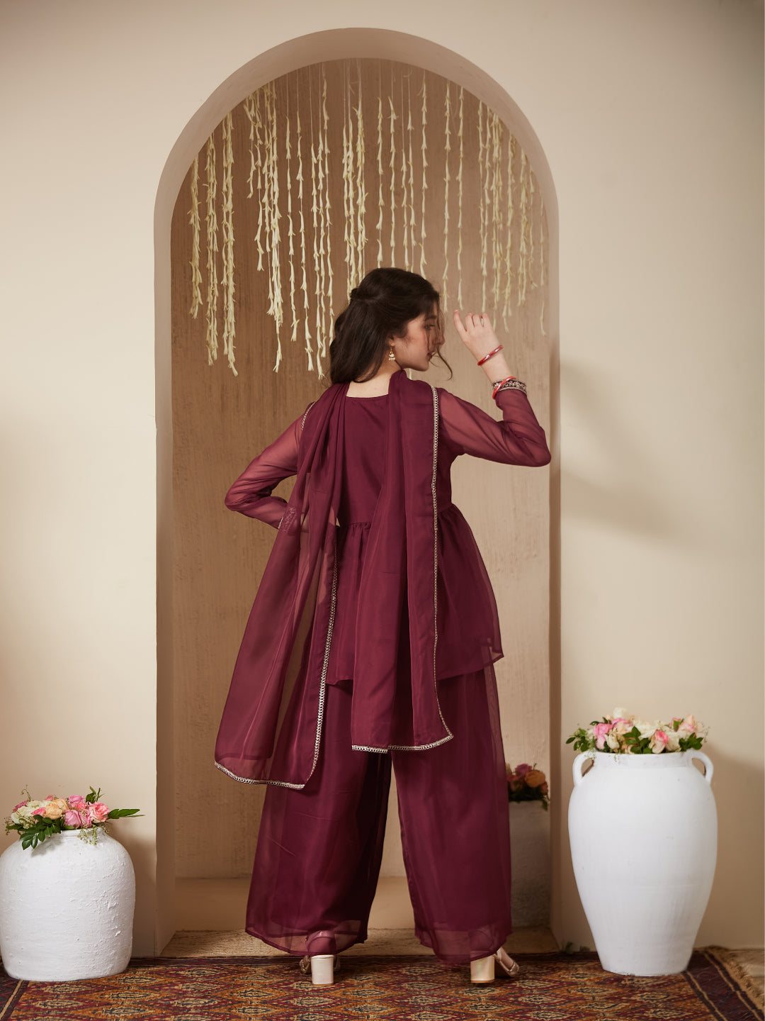 Maroon Organza Embroidered Kurta Plazzo & Dupatta Set for Girls