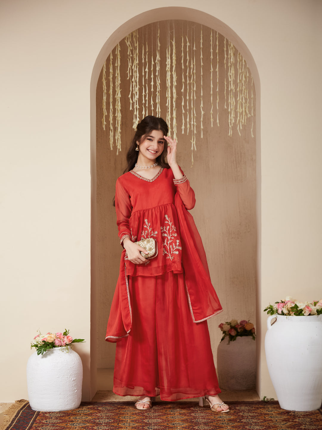 Orange Organza Embroidered Kurta Plazzo & Dupatta Set for Girls