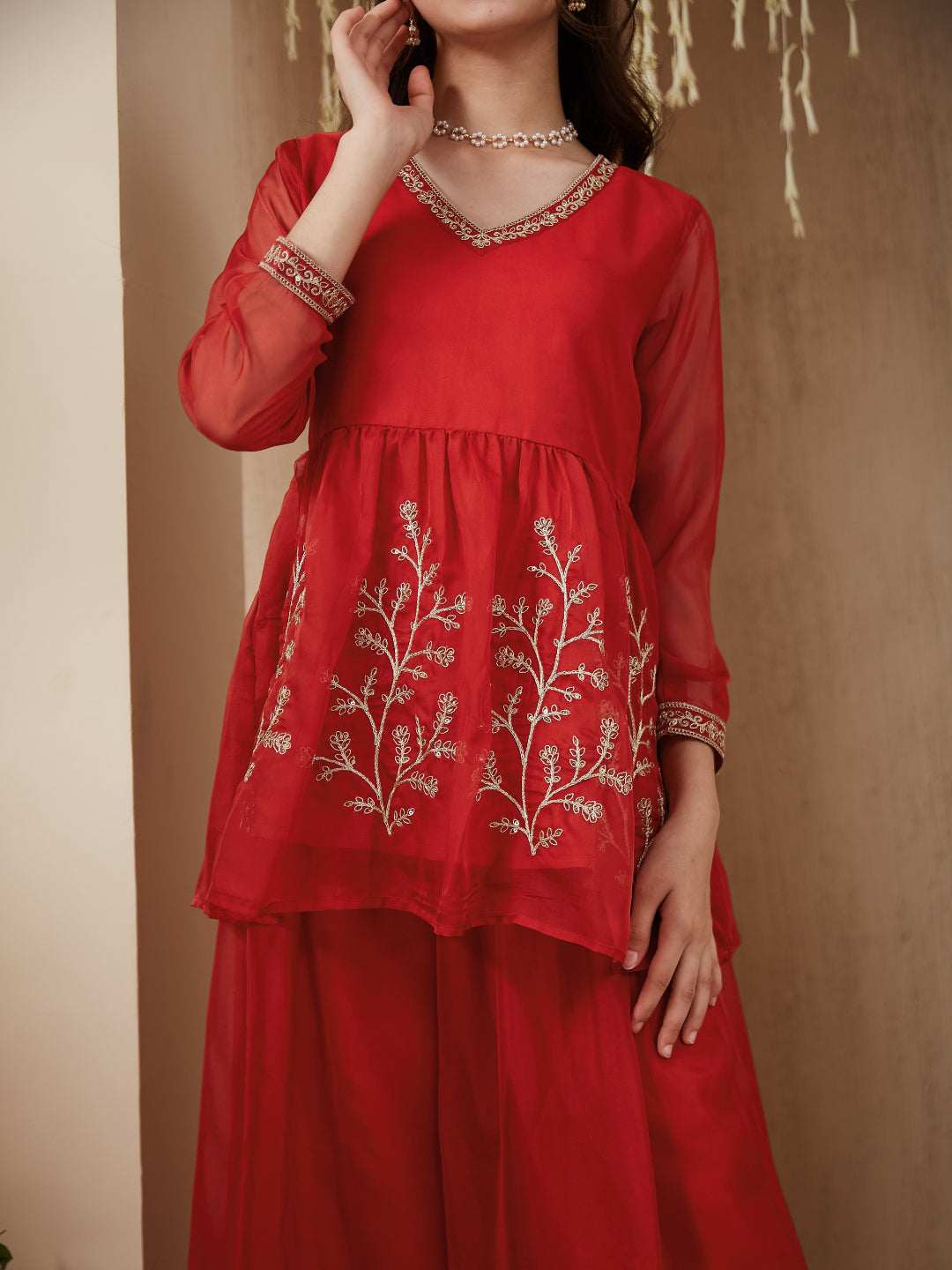Orange Organza Embroidered Kurta Plazzo & Dupatta Set for Girls