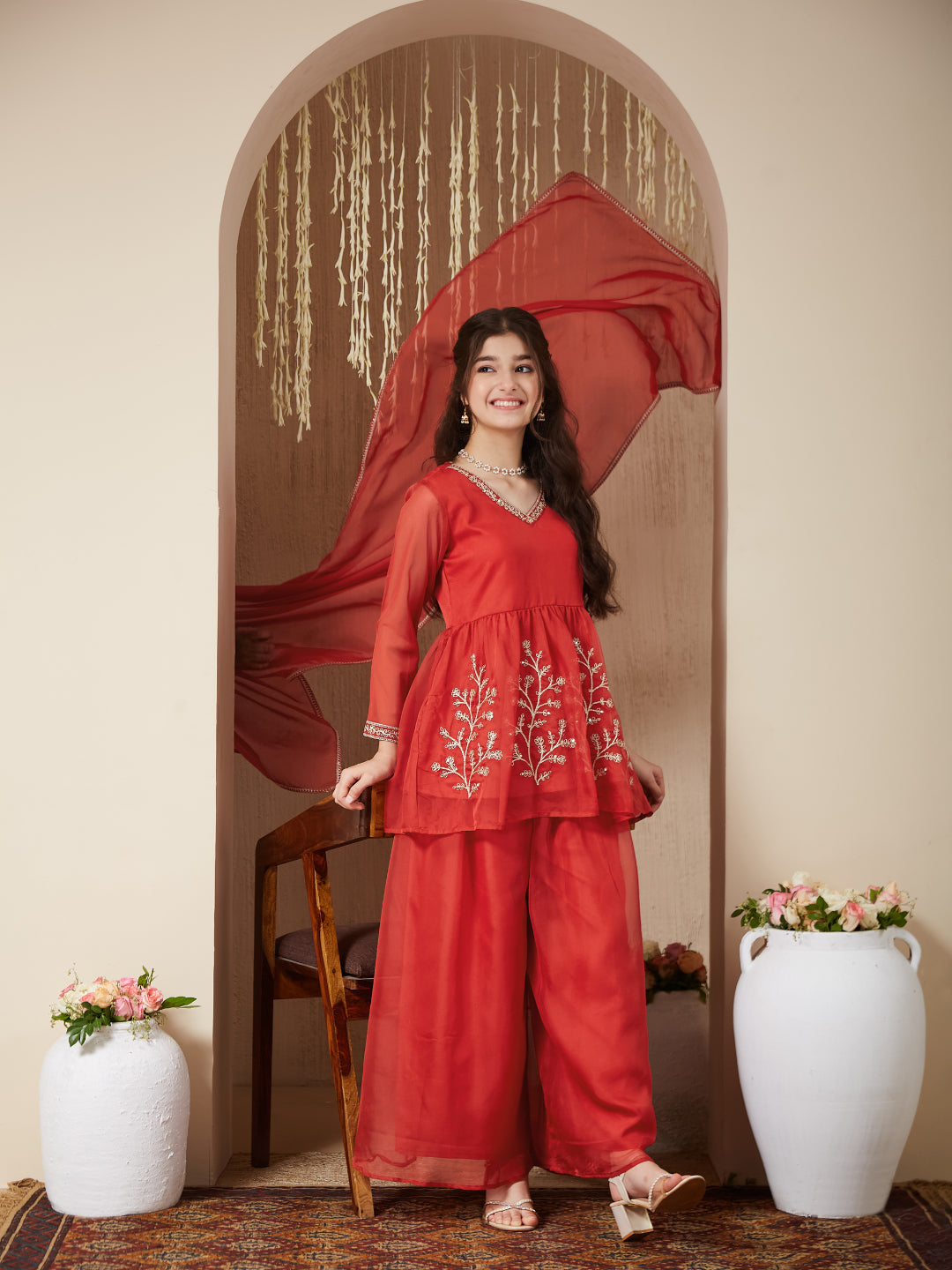Orange Organza Embroidered Kurta Plazzo & Dupatta Set for Girls
