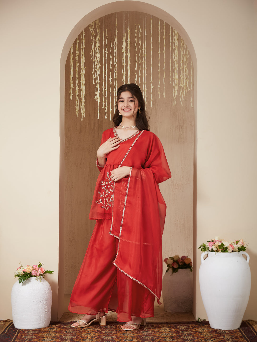 Orange Organza Embroidered Kurta Plazzo & Dupatta Set for Girls