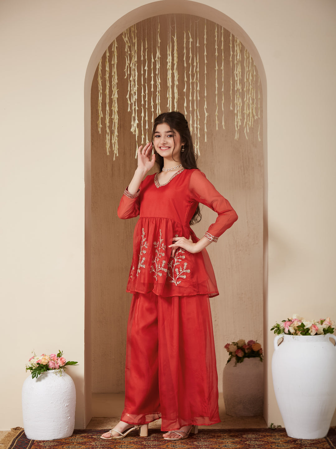 Orange Organza Embroidered Kurta Plazzo & Dupatta Set for Girls