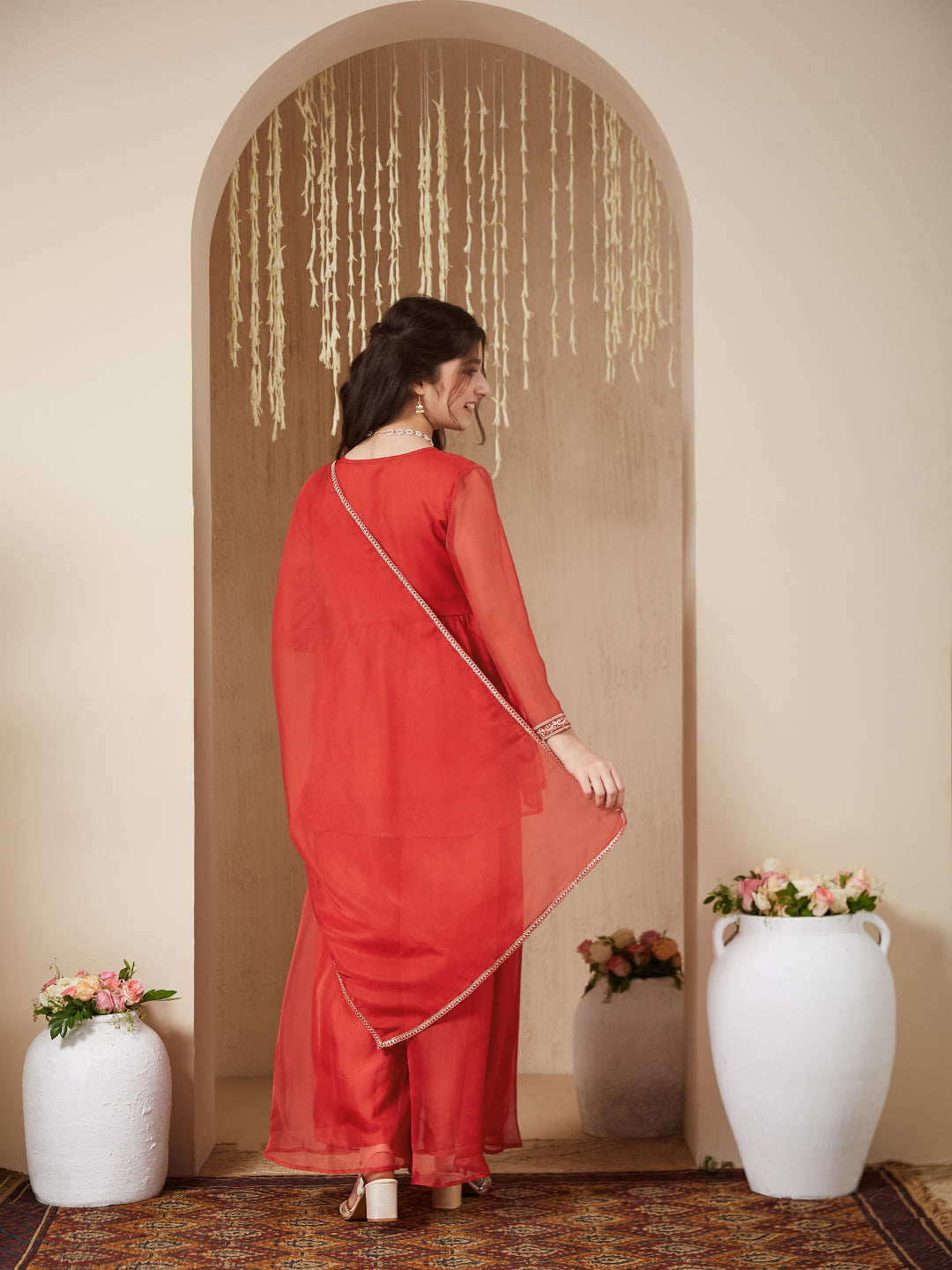 Orange Organza Embroidered Kurta Plazzo & Dupatta Set for Girls