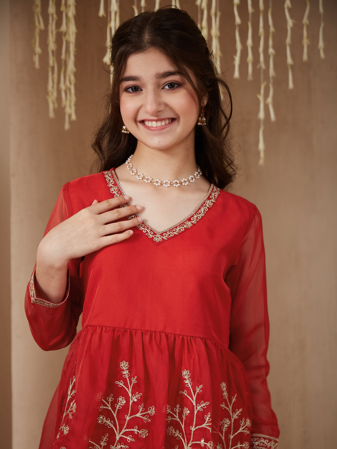 Orange Organza Embroidered Kurta Plazzo & Dupatta Set for Girls