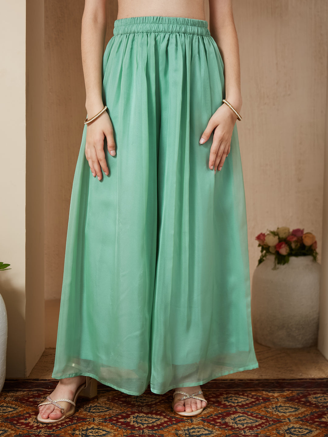 Mint Organza Embroidered Kurta Plazzo & Dupatta Set for Girls