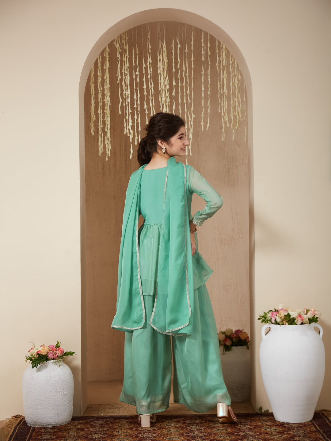 Mint Organza Embroidered Kurta Plazzo & Dupatta Set for Girls
