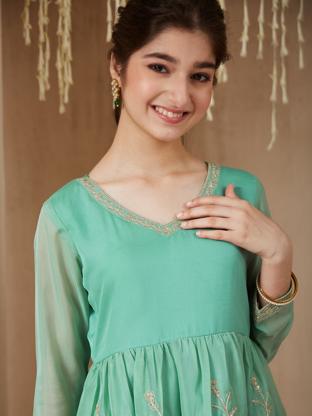 Mint Organza Embroidered Kurta Plazzo & Dupatta Set for Girls
