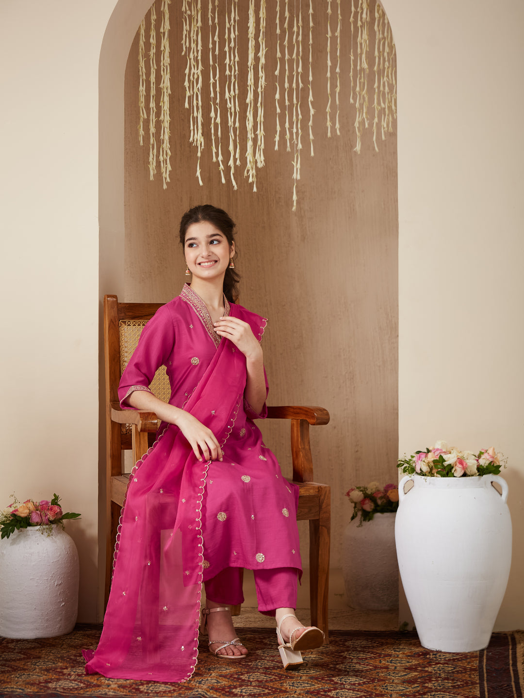 Dark Pink Chinon Embroidered Kurta & Dupatta Set for Girls