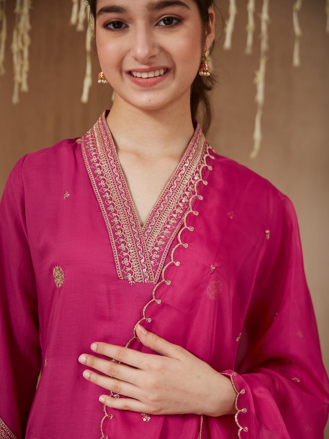 Dark Pink Chinon Embroidered Kurta & Dupatta Set for Girls