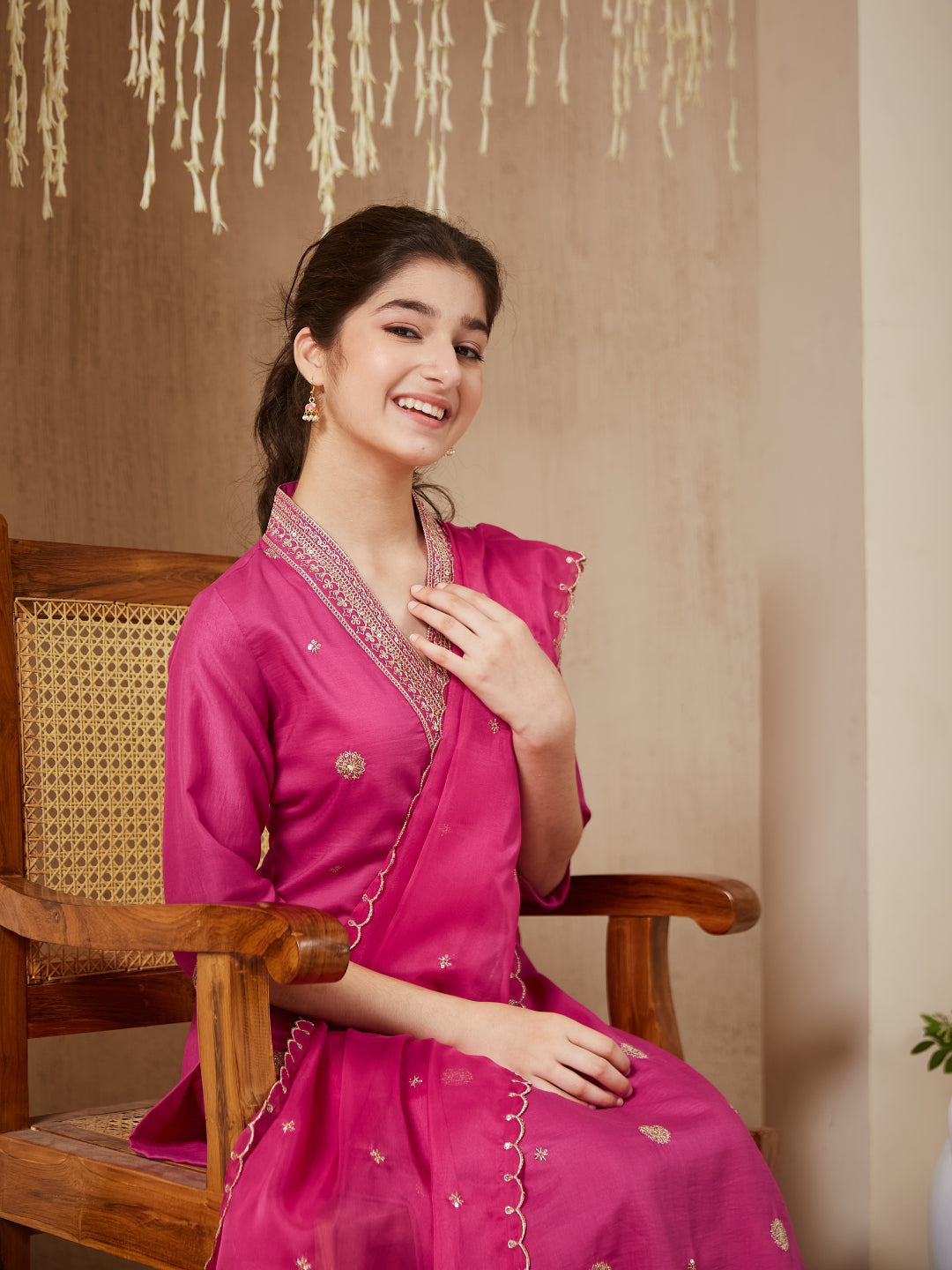 Dark Pink Chinon Embroidered Kurta & Dupatta Set for Girls