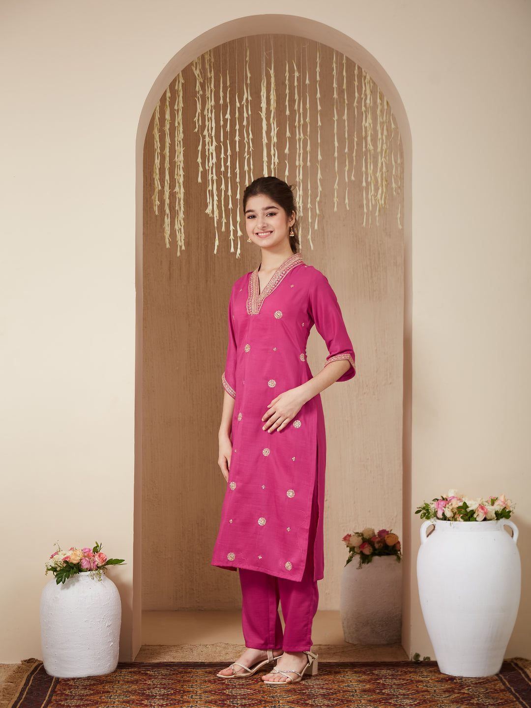 Dark Pink Chinon Embroidered Kurta & Dupatta Set for Girls