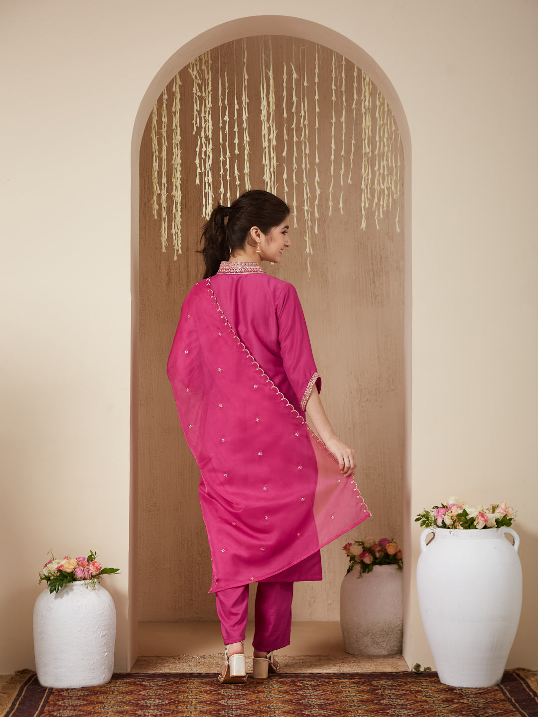 Dark Pink Chinon Embroidered Kurta & Dupatta Set for Girls