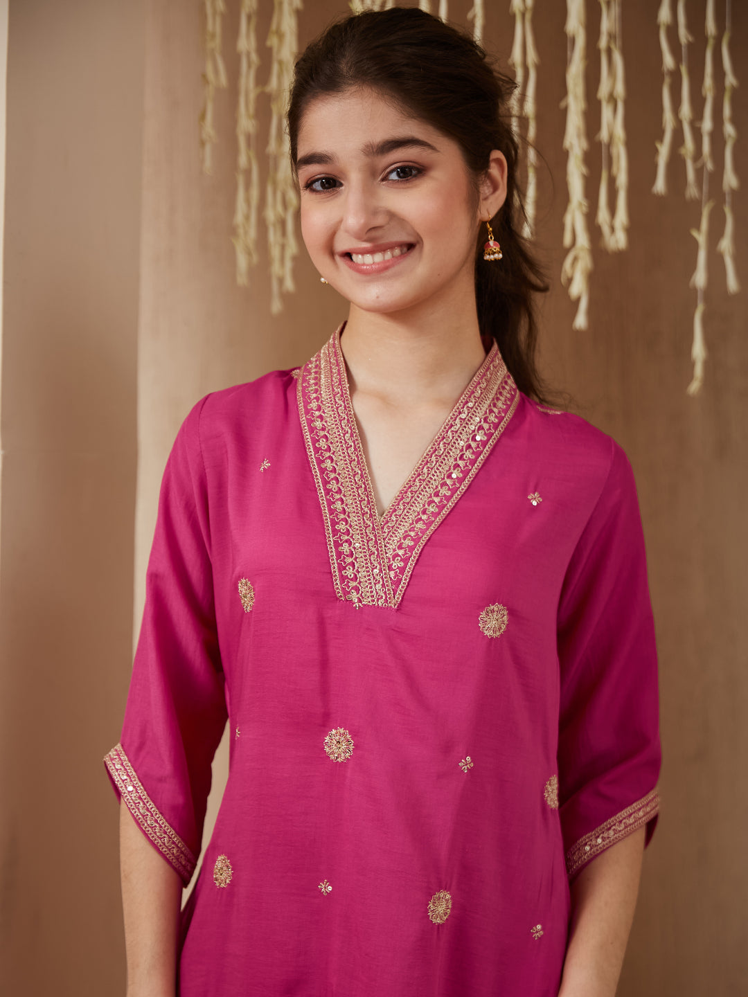 Dark Pink Chinon Embroidered Kurta & Dupatta Set for Girls