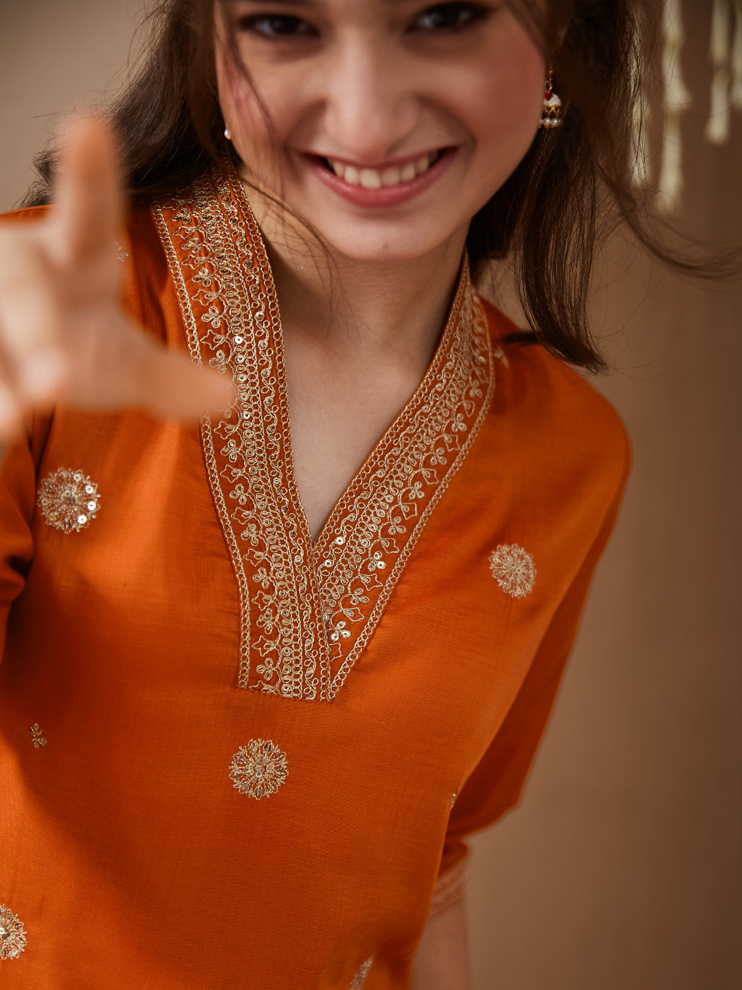 Orange Chinon Embroidered Kurta & Dupatta Set for Girls