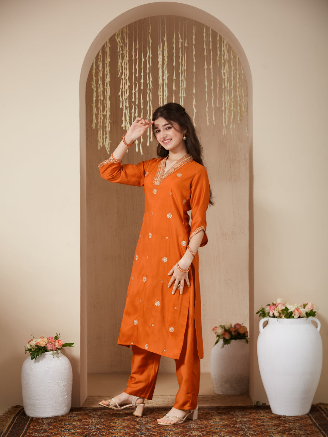 Orange Chinon Embroidered Kurta & Dupatta Set for Girls
