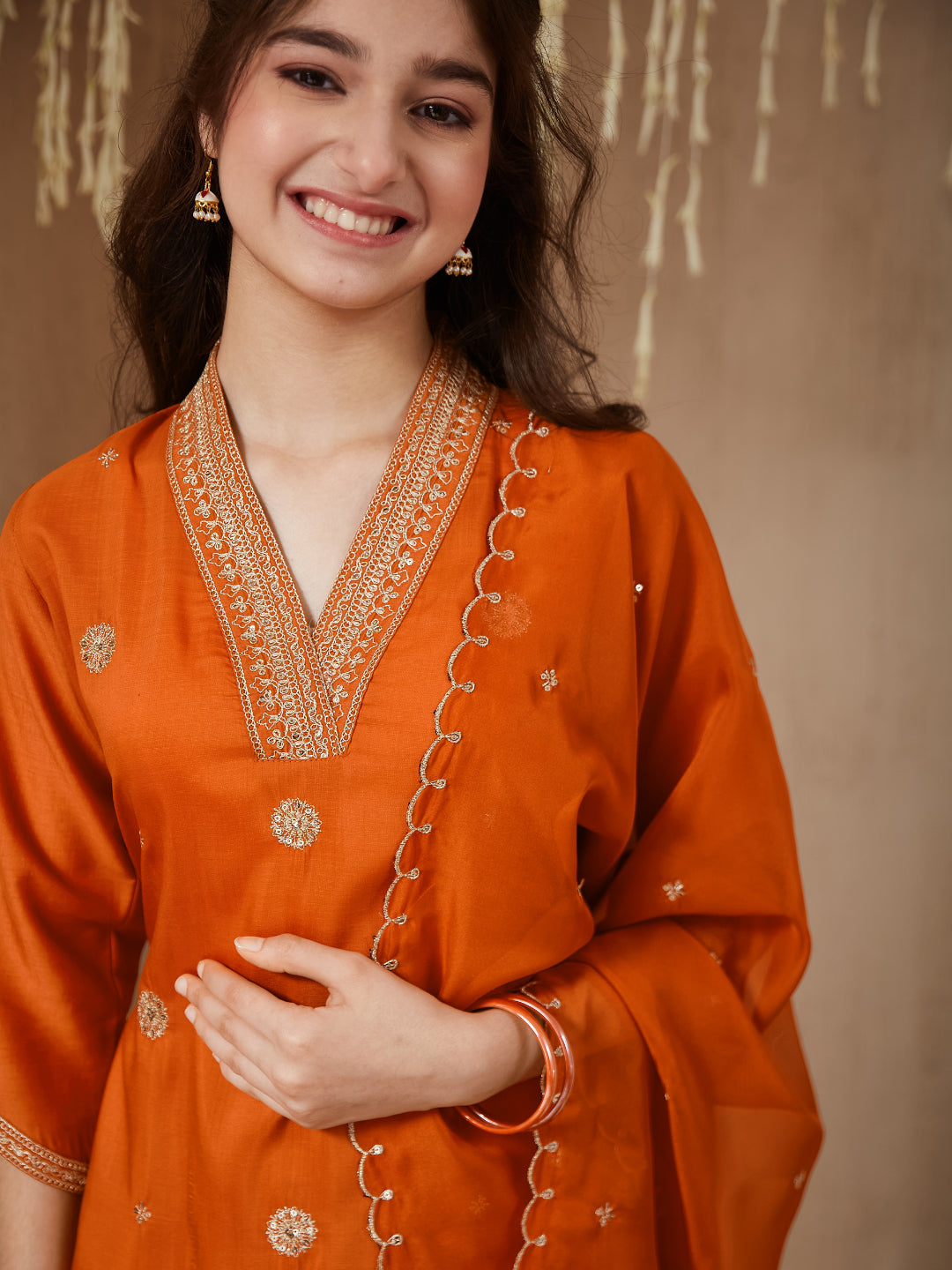 Orange Chinon Embroidered Kurta & Dupatta Set for Girls