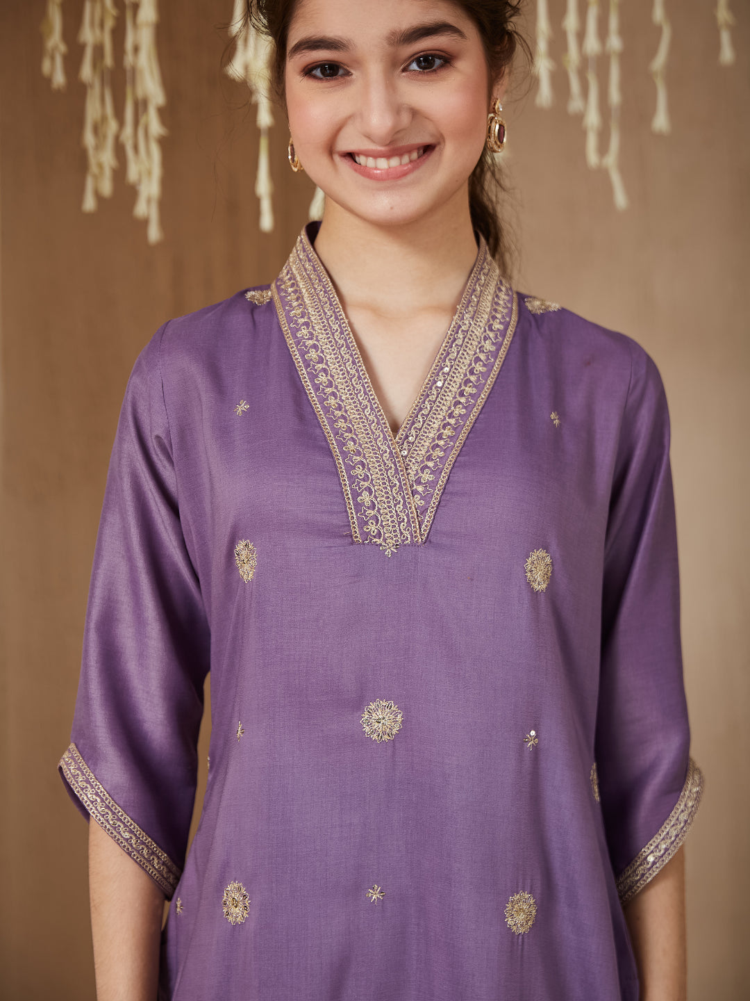 Lavender Chinon Embroidered Kurta & Dupatta Set for Girls