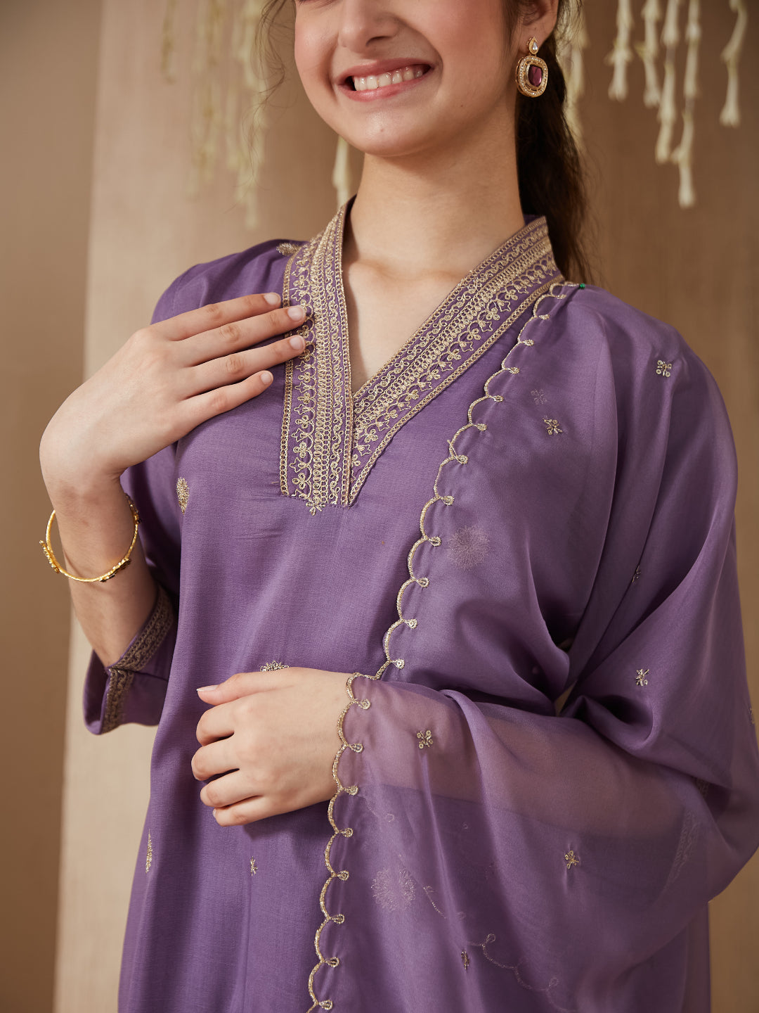 Lavender Chinon Embroidered Kurta & Dupatta Set for Girls