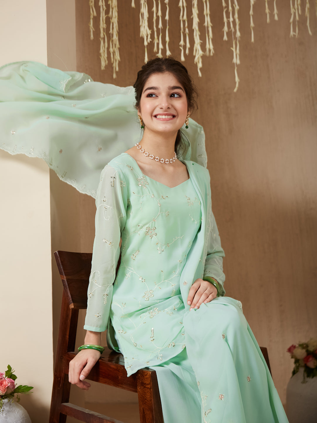 Mint Georgette Embroidered Kurta Plazzo & Dupatta Set for Girls
