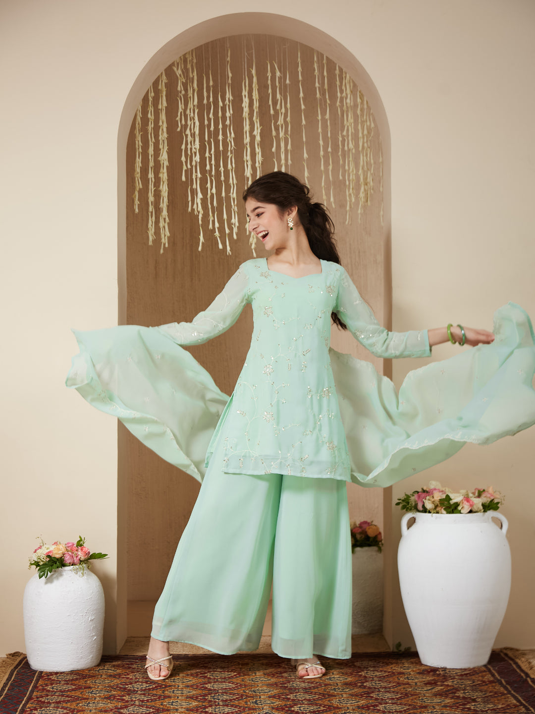 Mint Georgette Embroidered Kurta Plazzo & Dupatta Set for Girls