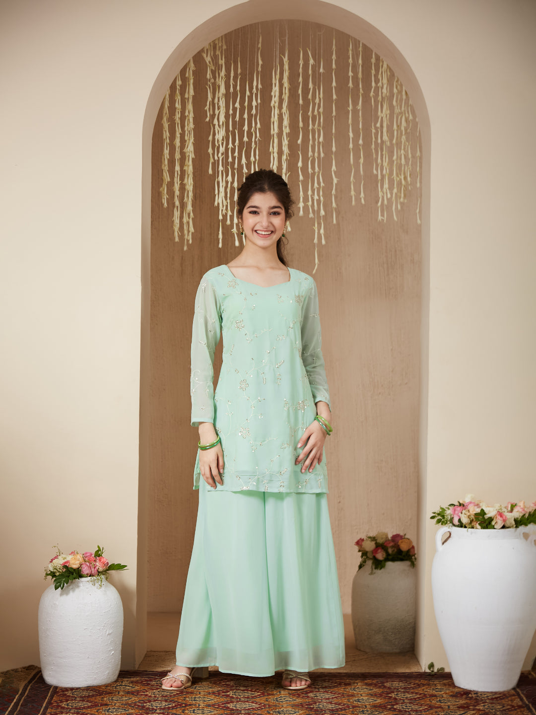 Mint Georgette Embroidered Kurta Plazzo & Dupatta Set for Girls