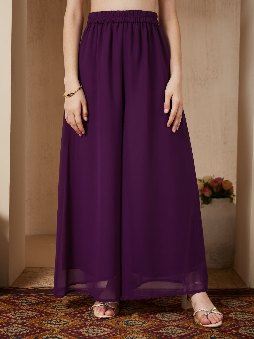 Violet Georgette Embroidered Kurta Plazzo & Dupatta Set for Girls