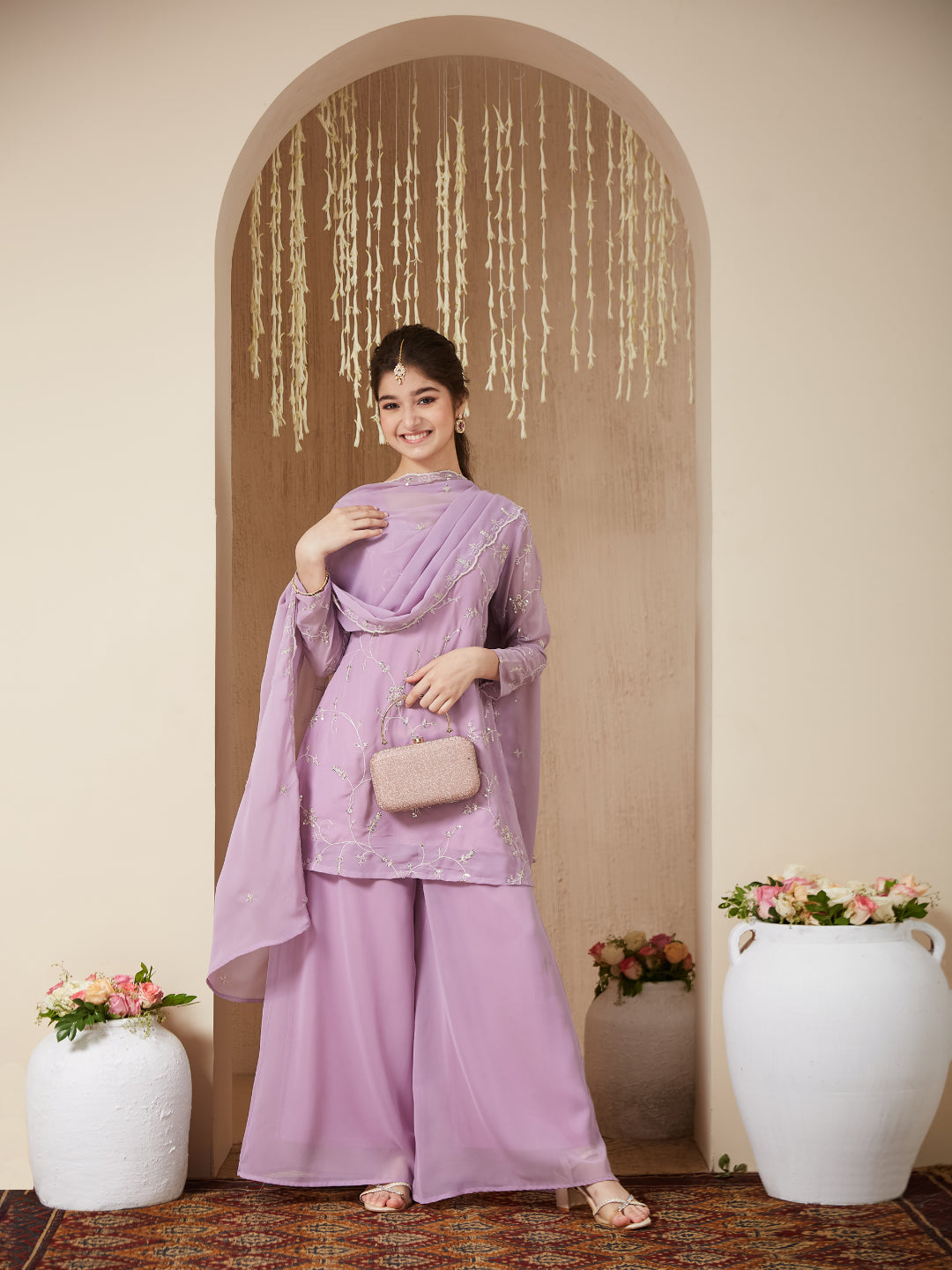 Lavender Georgette Embroidered Kurta Plazzo & Dupatta Set for Girls