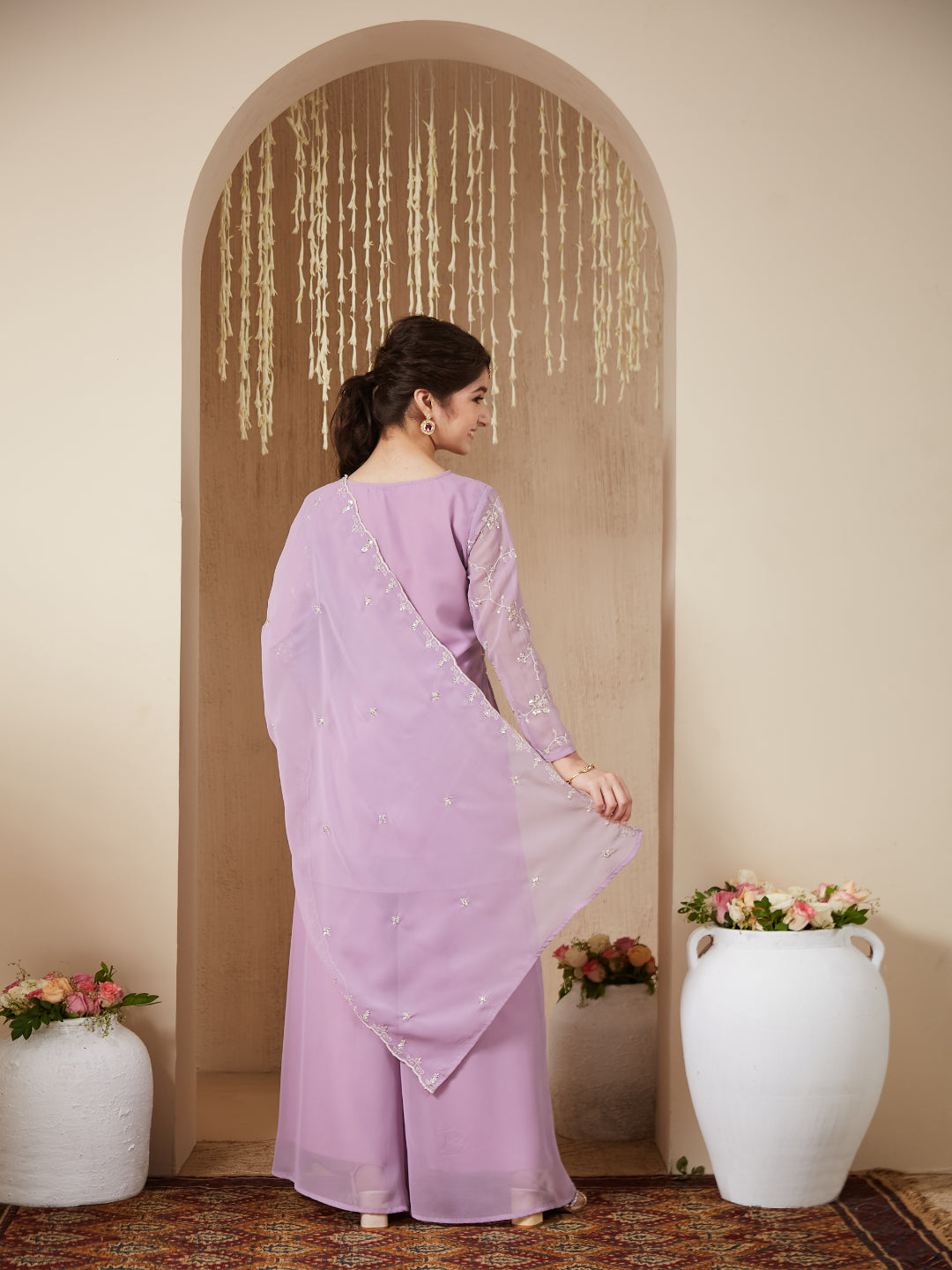 Lavender Georgette Embroidered Kurta Plazzo & Dupatta Set for Girls
