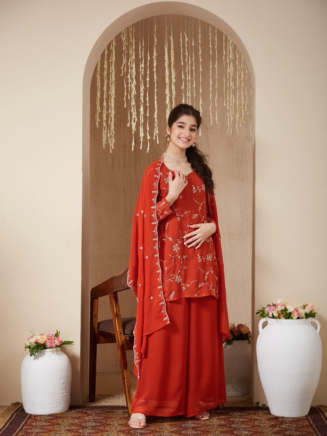 Orange Georgette Embroidered Kurta Plazzo & Dupatta Set for Girls